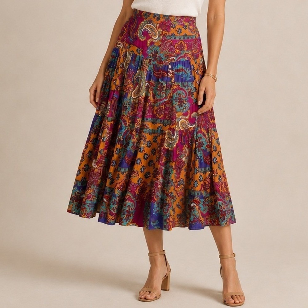 Lauren Ralph Lauren Skirt Womens M Multicolor Paisley Peasant Midi Tiered Boho